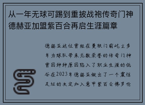 从一年无球可踢到重披战袍传奇门神德赫亚加盟紫百合再启生涯篇章 从一年无球可踢到重披战袍传奇门神德赫亚加盟紫百合再启生涯篇章